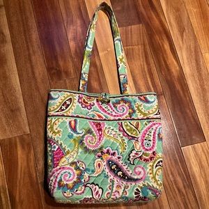 Vera Bradley tutti frutti green and pink paisley tote bag with button closure